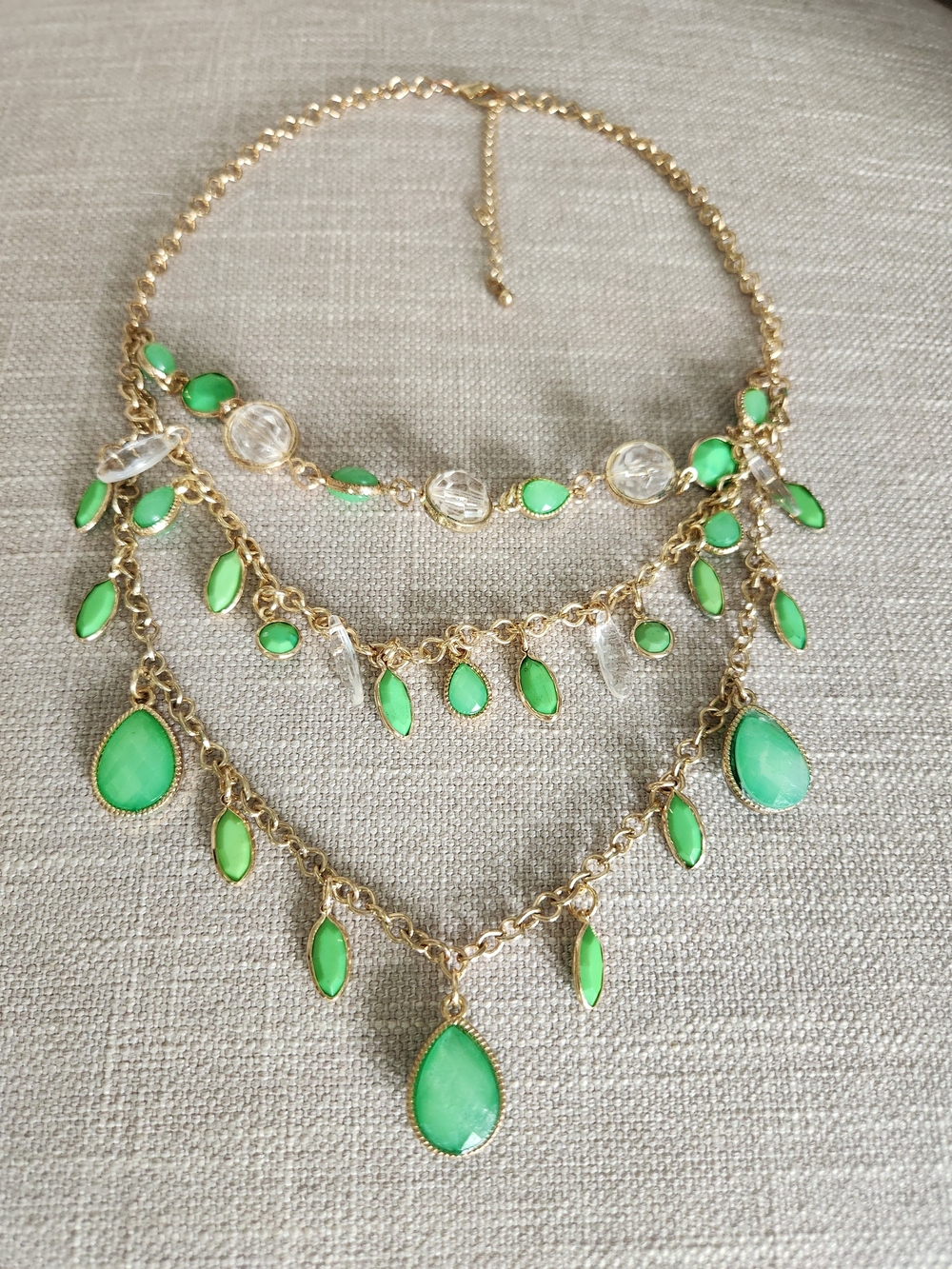 Gold-Tone Multi Strand Necklace with Green Teardrop and Clear Accents